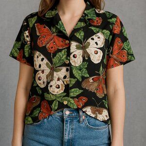 Vintage Butterfly Botanical Print Button-Up Shirt – Unisex – Size XL